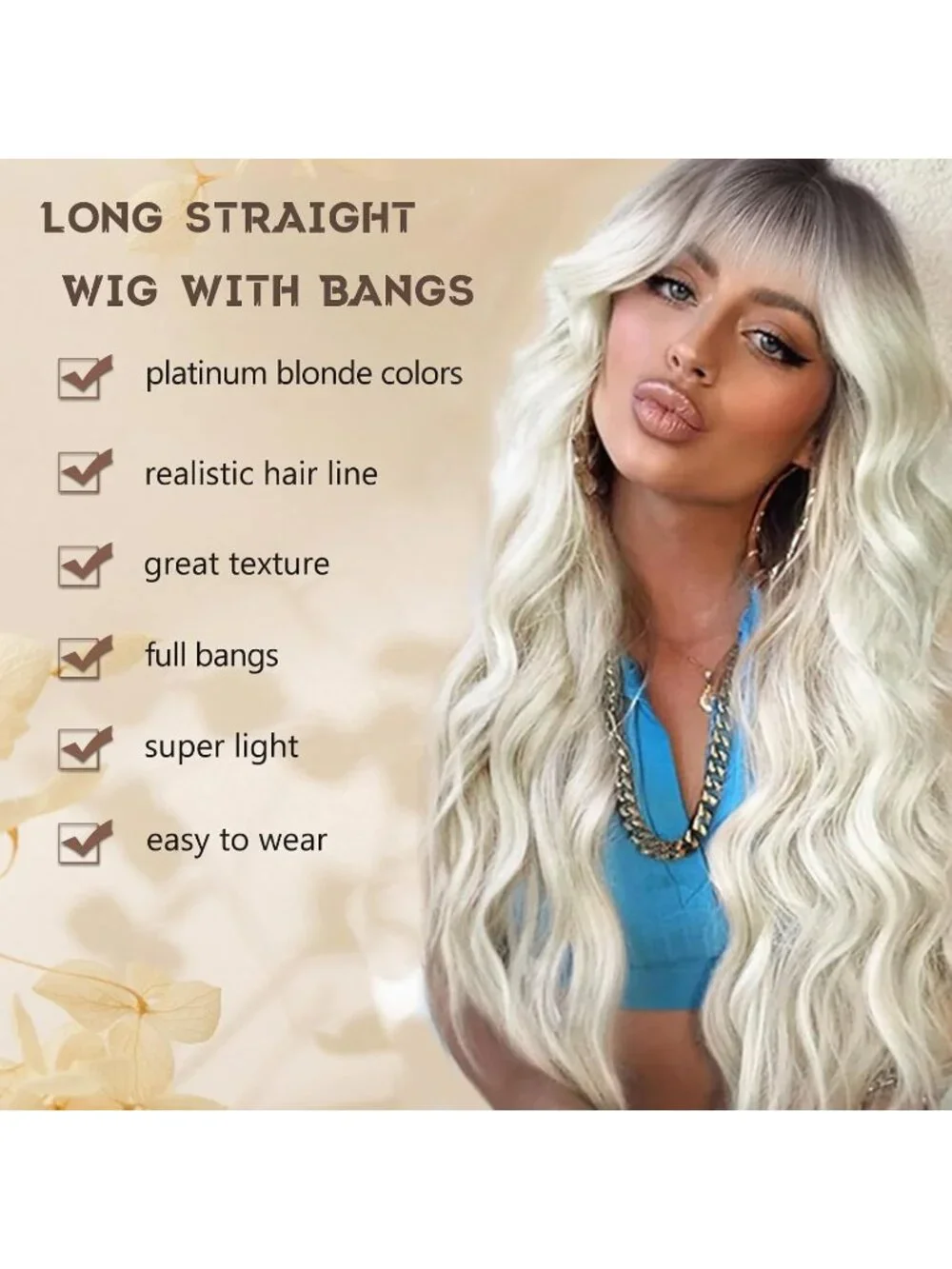 Women Platinum Blonde 26 Inch Natural Looking Heat Resistant Synthetic Wigs Bang